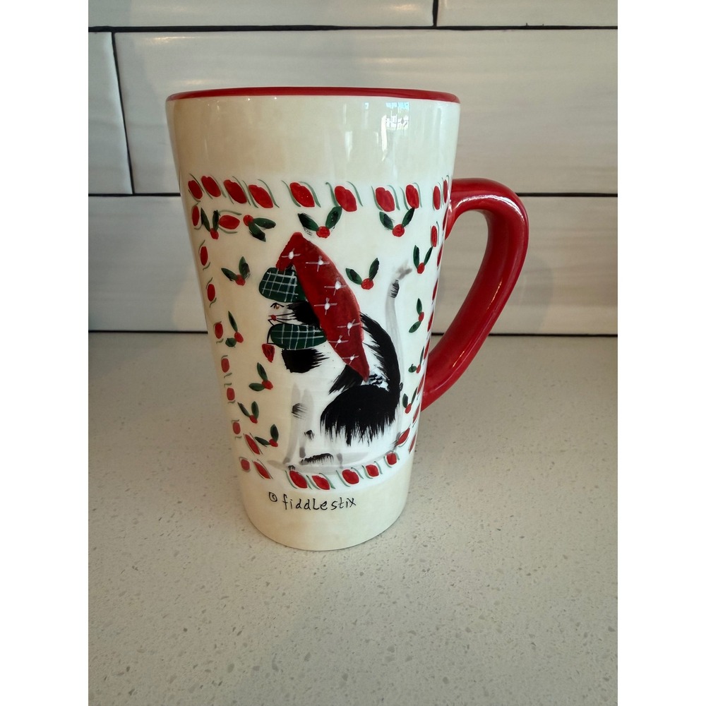 Sakura Oneida Fiddlestix Candy Cane Cat Christmas 12 oz Earthenware Latte Mug